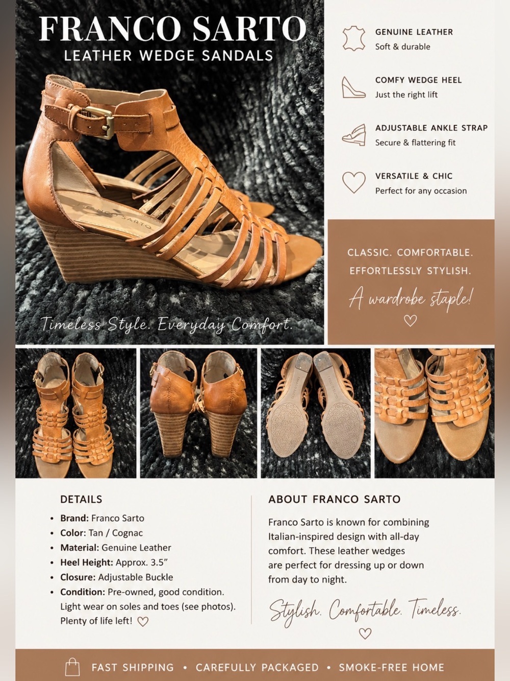 Franco Sarto Cognac Leather Strappy Wedge Sandals